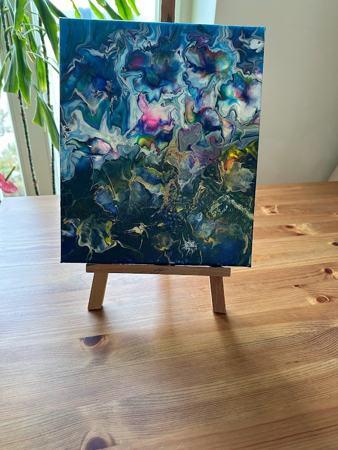 Abstract Flowers. 20 x 30 sm. Canvas. Acrylic painting. Variety of blue color, touch of rose, white and yellow colors. Vanished. 30 x 40 sm.