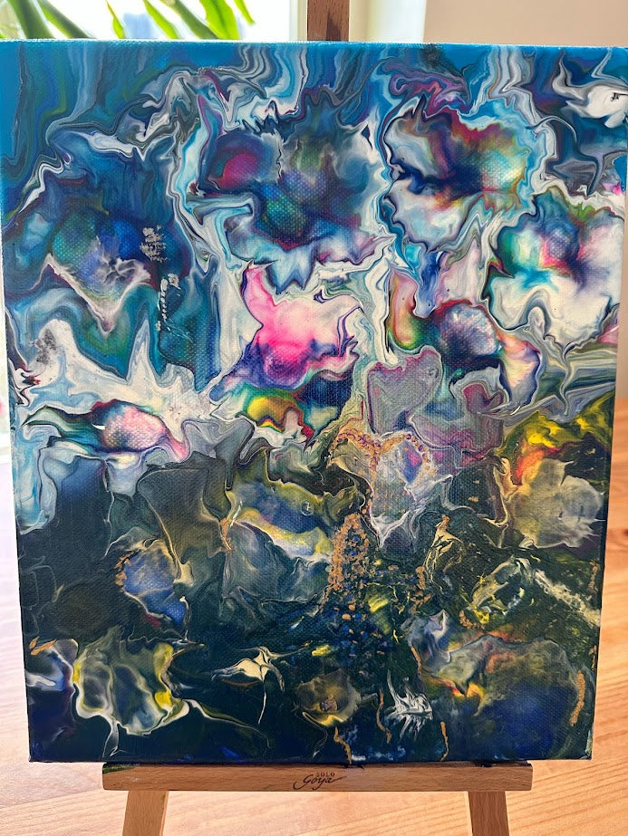 Abstract Flowers. 20 x 30 sm. Canvas. Acrylic painting. Variety of blue color, touch of rose, white and yellow colors. Vanished. 30 x 40 sm.