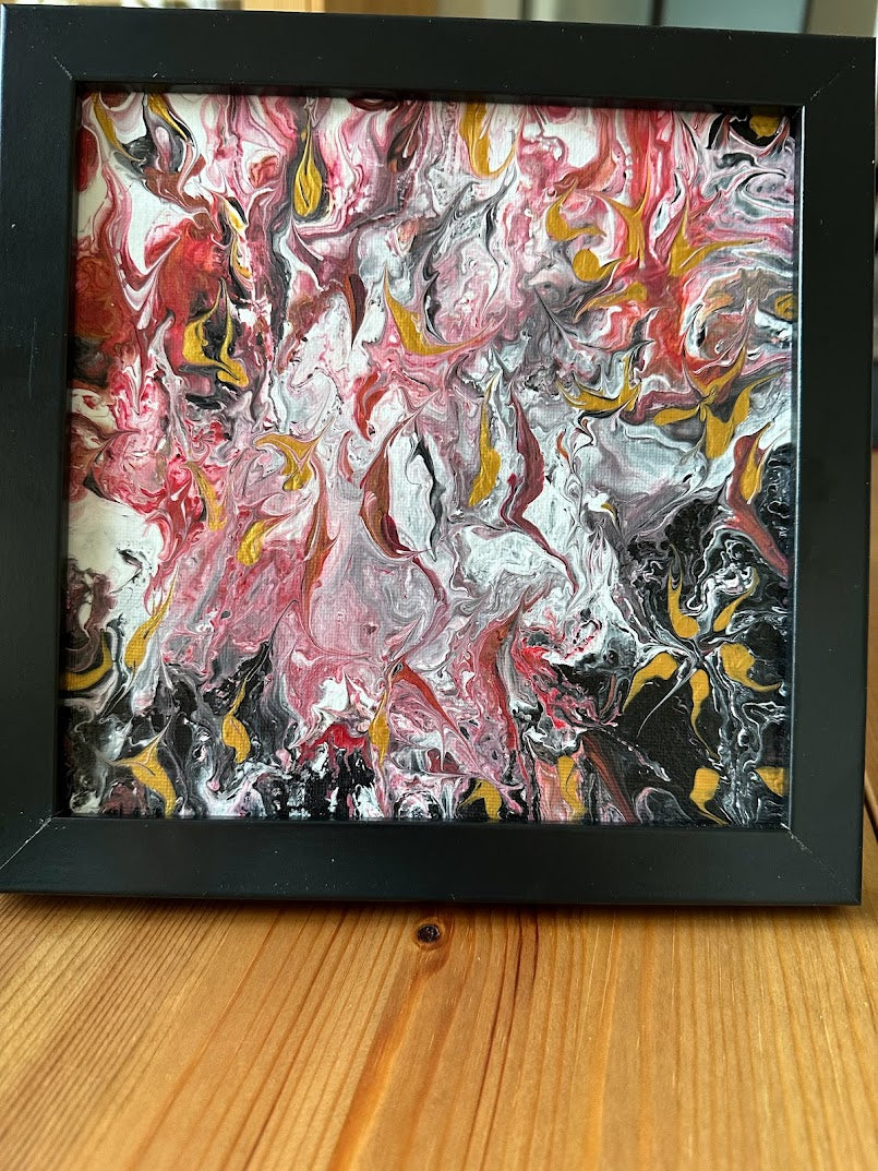 Abstraction - gold, white, black, red. Framed. 20 x 20 sm