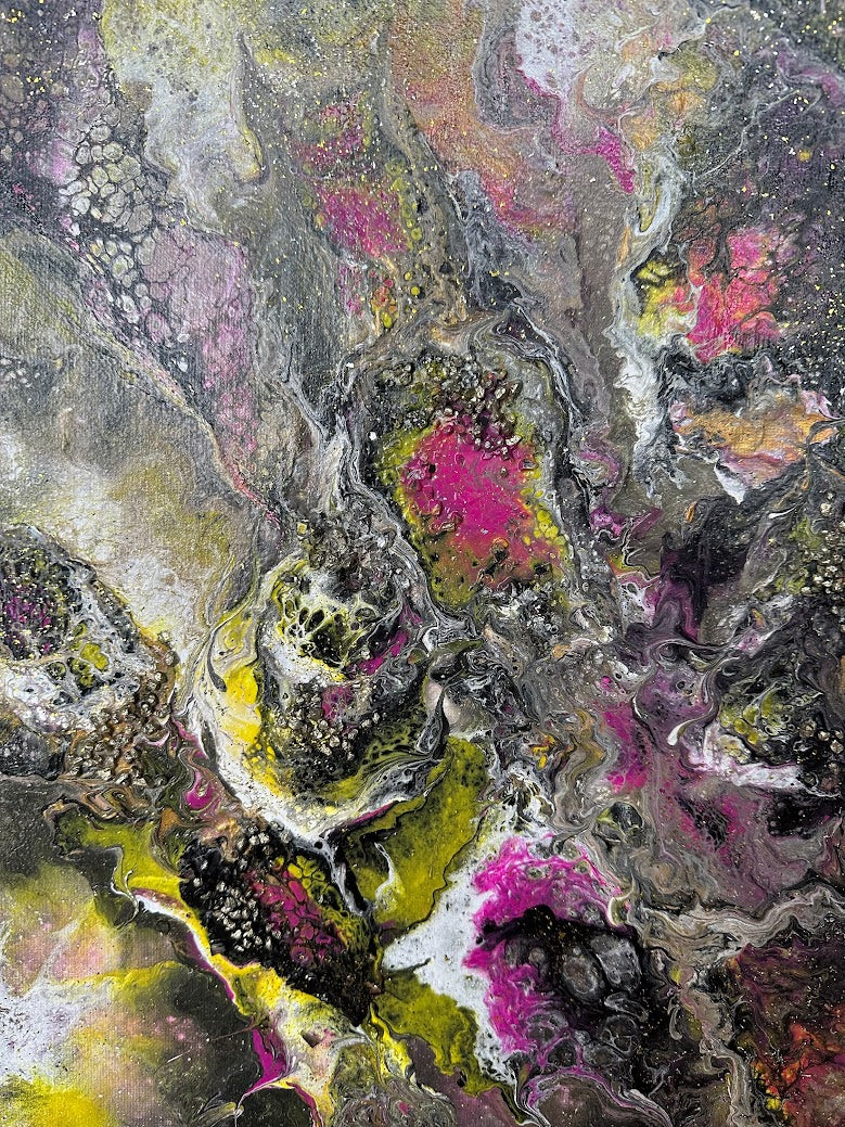 Abstraction: Black, Gold, and Rose. Acrylic painting. Fluid art. Decorative golden stripes. 30x40 sm