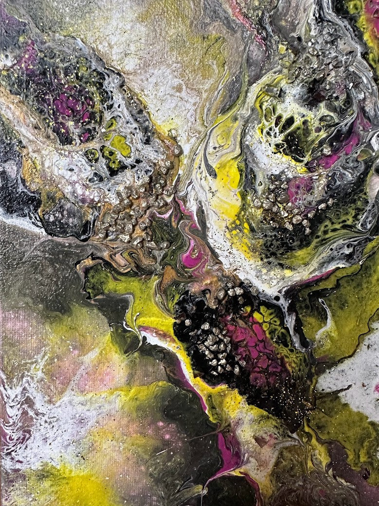 Abstraction: Black, Gold, and Rose. Acrylic painting. Fluid art. Decorative golden stripes. 30x40 sm