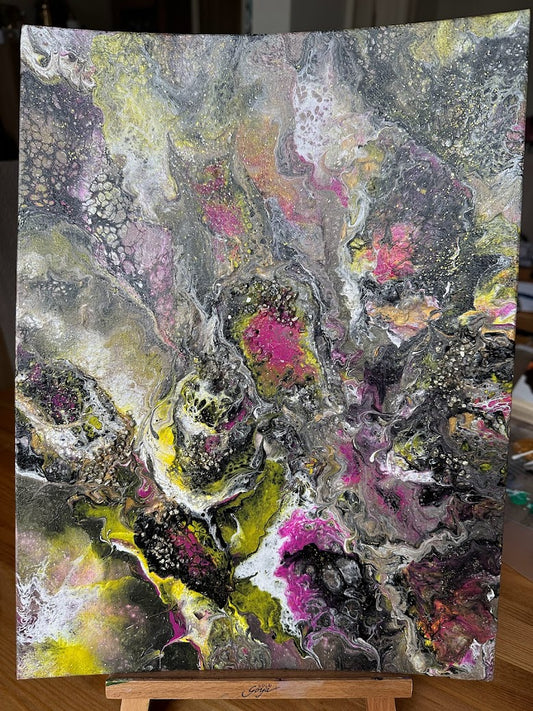 Abstraction: Black, Gold, and Rose. Acrylic painting. Fluid art. Decorative golden stripes. 30x40 sm