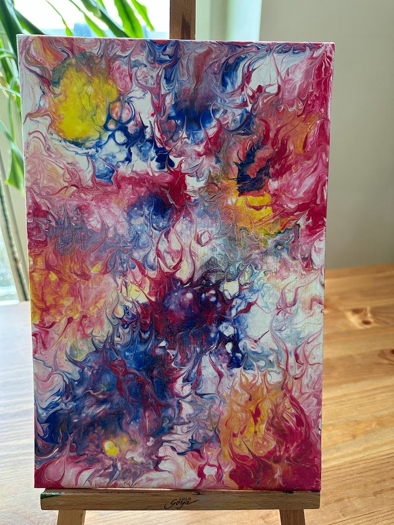 Warmth. Abstraction in blue, yellow, rose, white colors . Acrylic. Fluid Art. Canvas. 20sm x 30sm