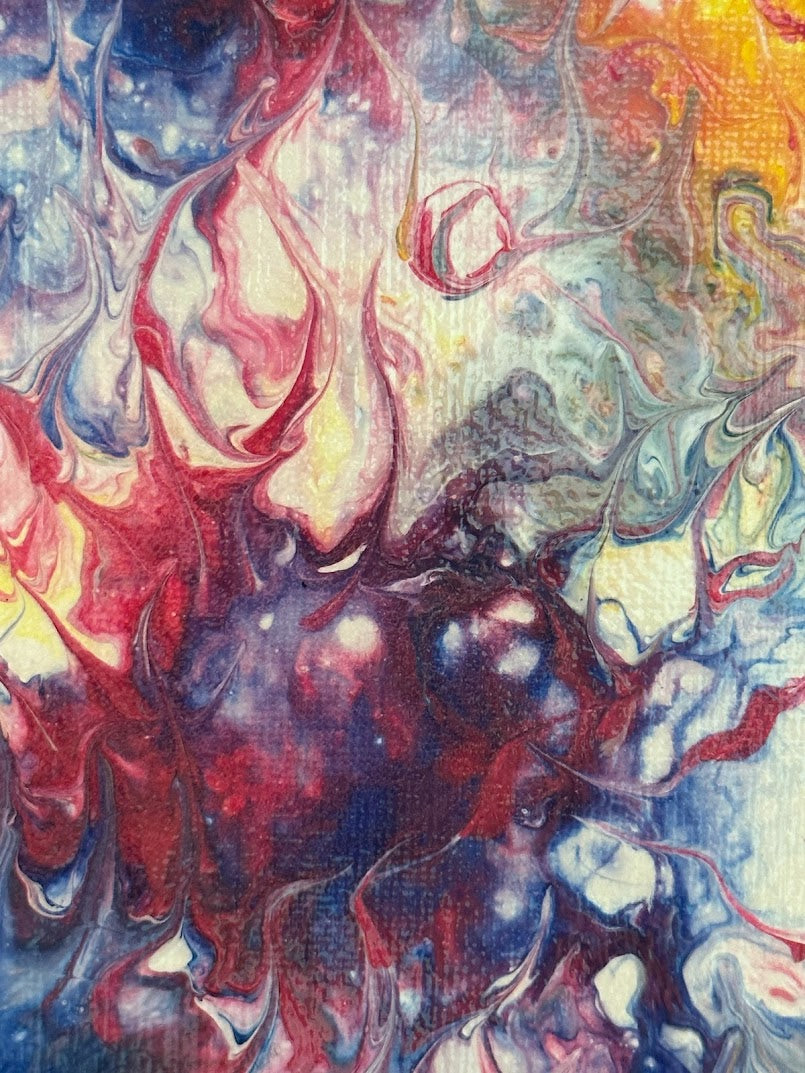 Warmth. Abstraction in blue, yellow, rose, white colors . Acrylic. Fluid Art. Canvas. 20sm x 30sm