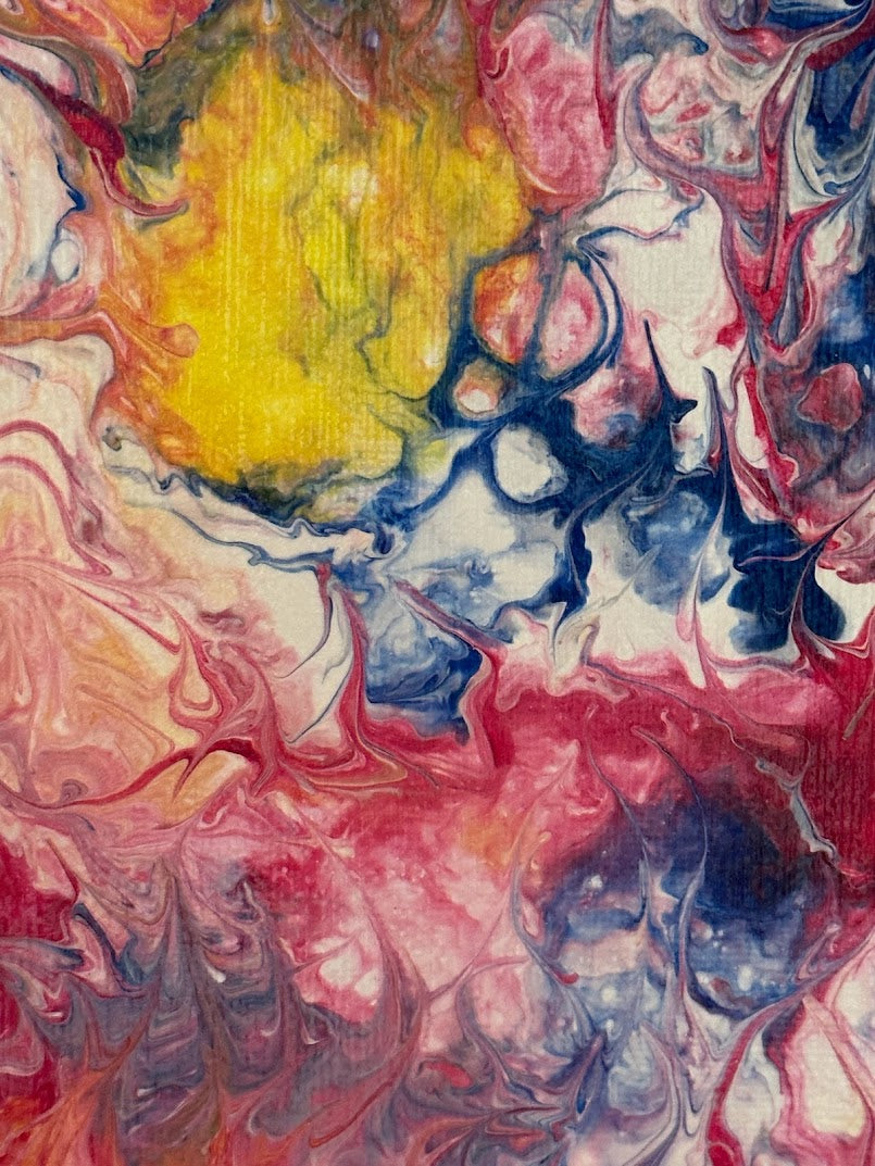 Warmth. Abstraction in blue, yellow, rose, white colors . Acrylic. Fluid Art. Canvas. 20sm x 30sm