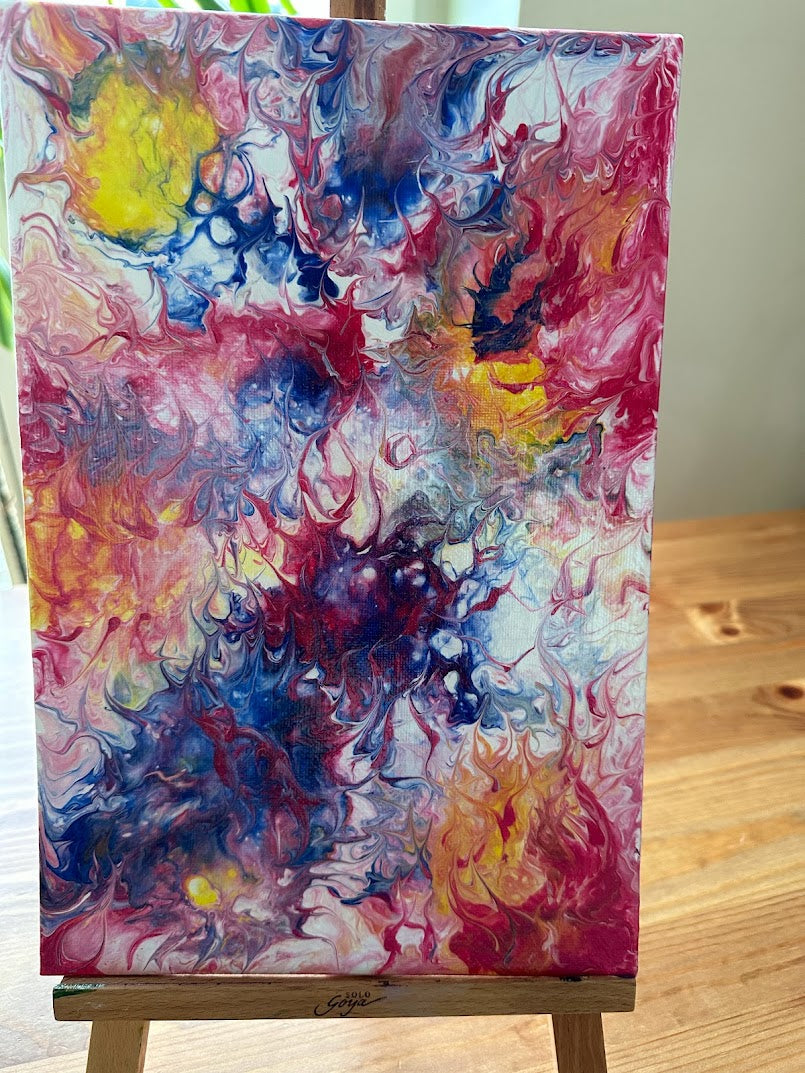 Warmth. Abstraction in blue, yellow, rose, white colors . Acrylic. Fluid Art. Canvas. 20sm x 30sm