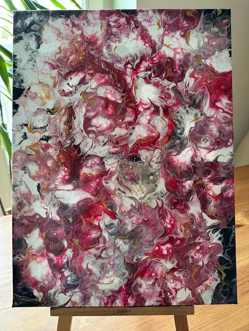 Roses passion. Acrylic painting. Fluid art. Canvas.Red, rose, white, black, gold colors. 30 x 40 sm.