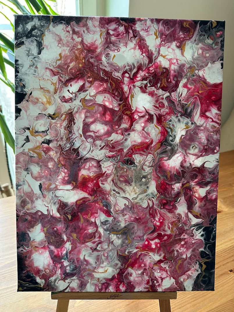 Roses passion. Acrylic painting. Fluid art. Canvas.Red, rose, white, black, gold colors. 30 x 40 sm.