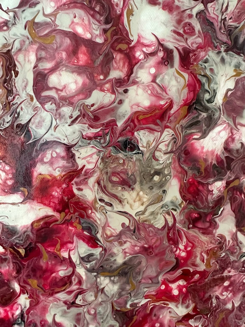 Roses passion. Acrylic painting. Fluid art. Canvas.Red, rose, white, black, gold colors. 30 x 40 sm.