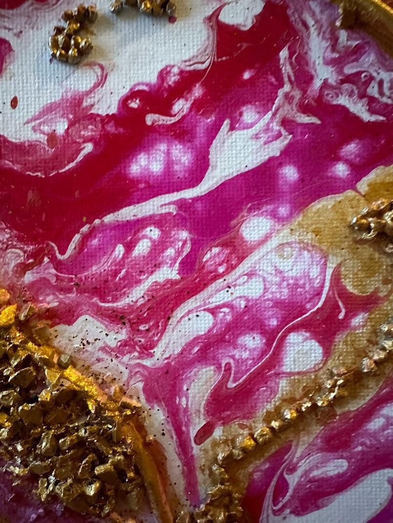 Red-rose romantic abstraction with gold decoration. Acrylic. Canvas. 50 x 70 cm. Red, rose, white, gold.