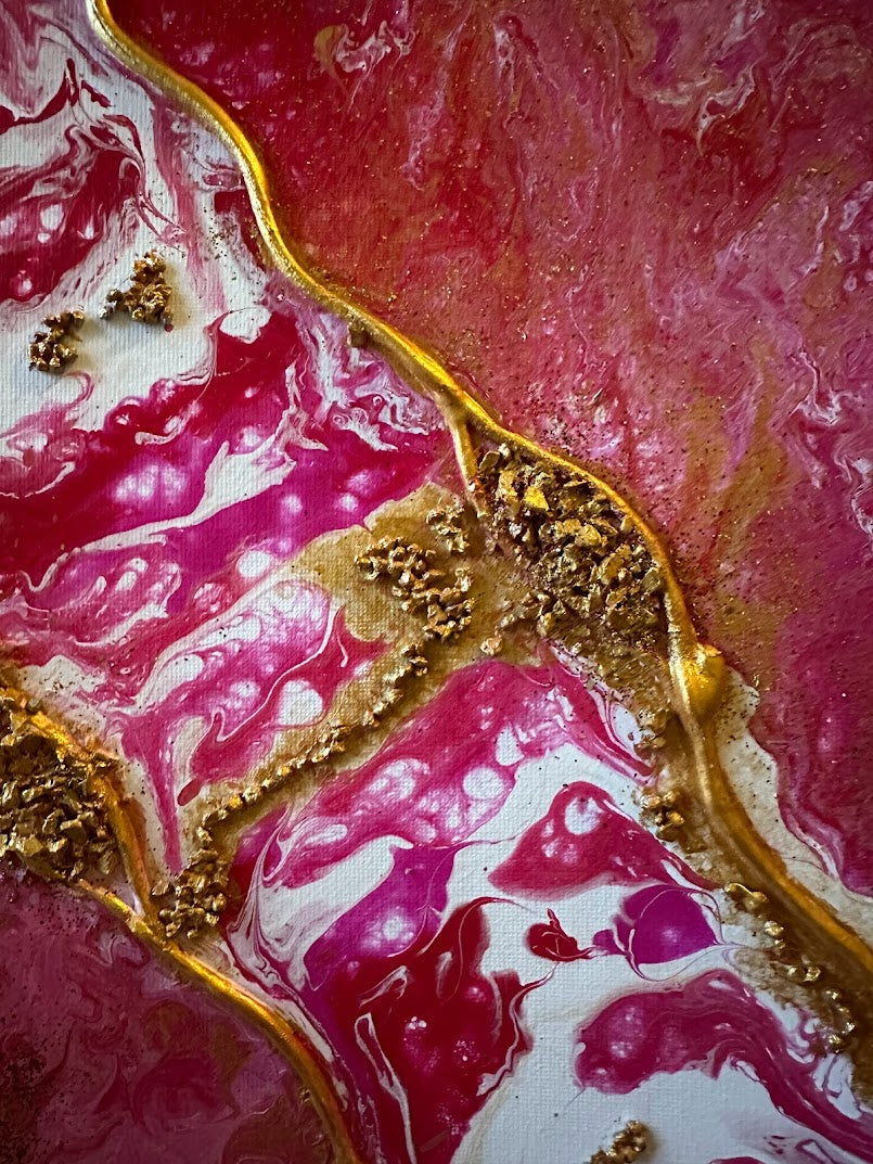 Red-rose romantic abstraction with gold decoration. Acrylic. Canvas. 50 x 70 cm. Red, rose, white, gold.