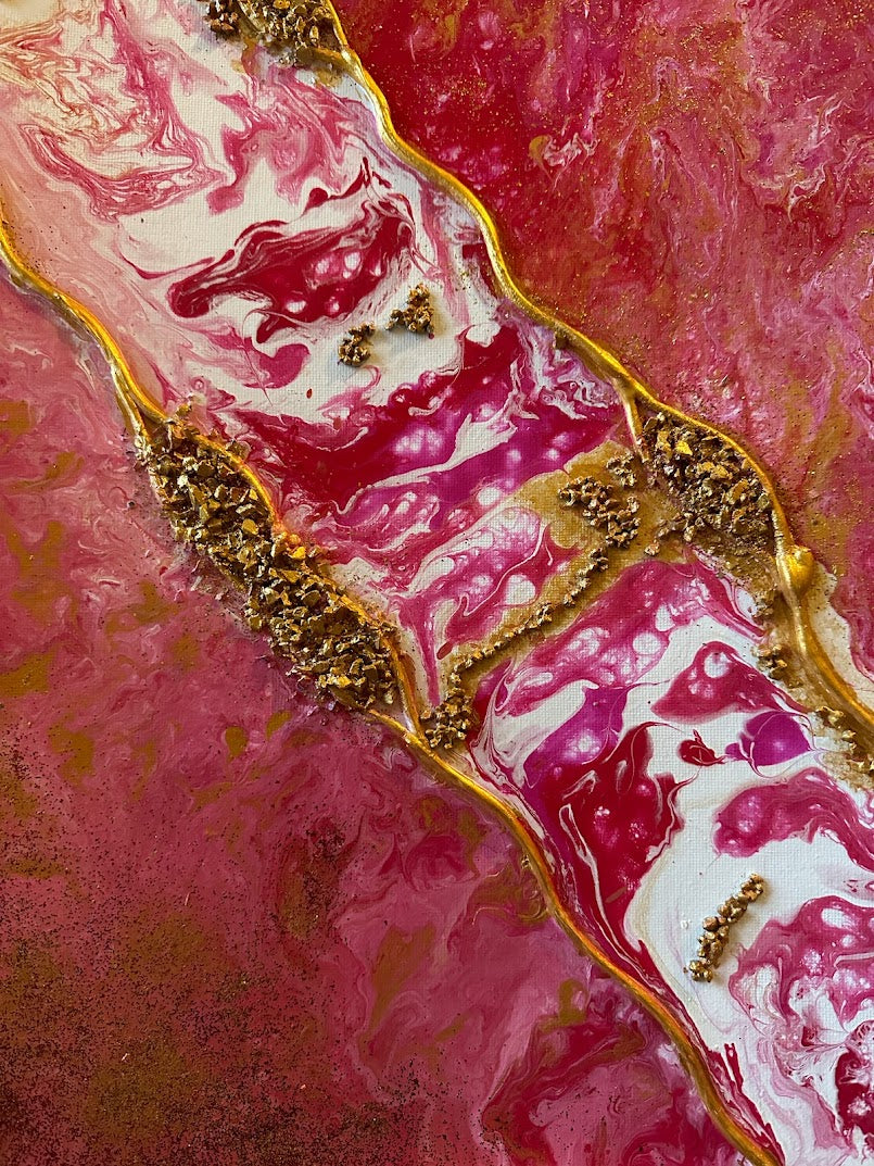 Red-rose romantic abstraction with gold decoration. Acrylic. Canvas. 50 x 70 cm. Red, rose, white, gold.