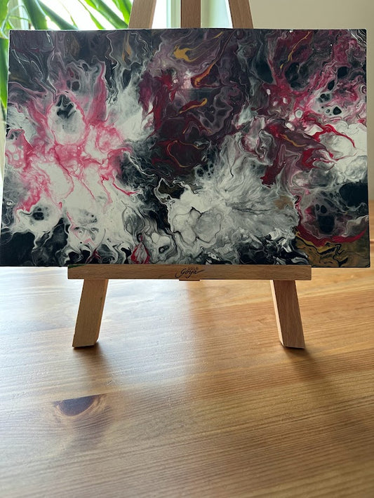 Roses.An Abstraction. Canvas. Acrylic painting. Fluid art. Black, white, dark red and rose colors. Vanished. 20 x 30 sm