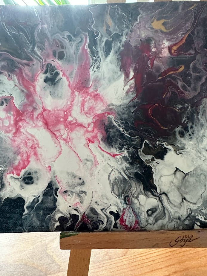 Roses.An Abstraction. Canvas. Acrylic painting. Fluid art. Black, white, dark red and rose colors. Vanished. 20 x 30 sm