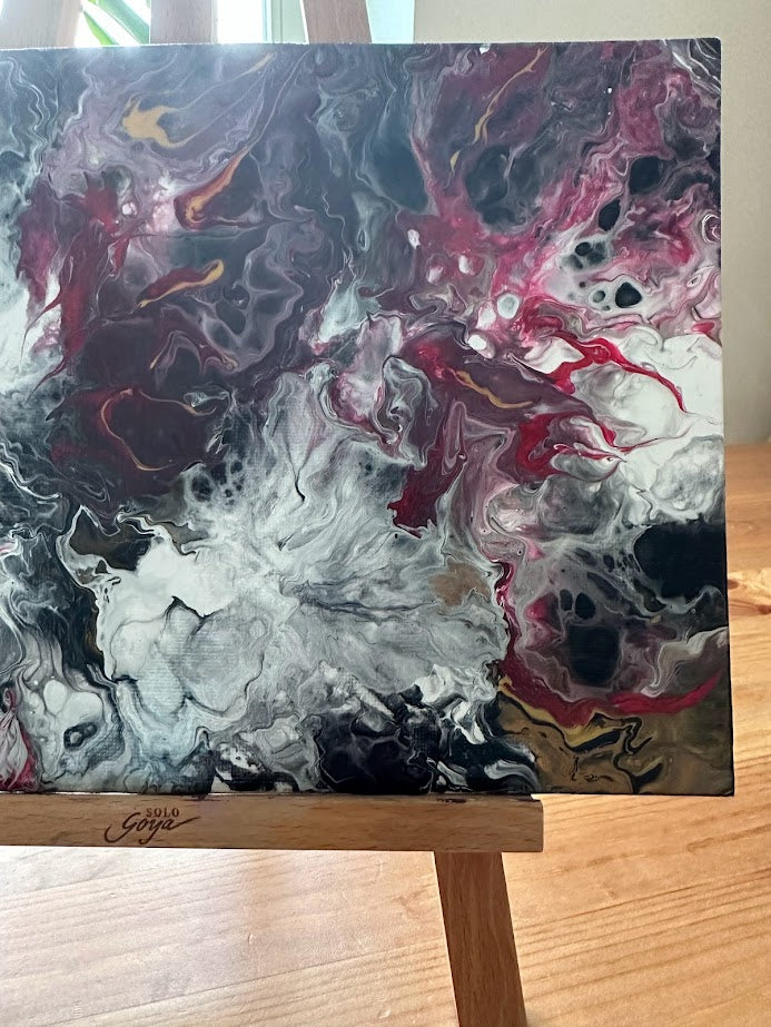 Roses.An Abstraction. Canvas. Acrylic painting. Fluid art. Black, white, dark red and rose colors. Vanished. 20 x 30 sm