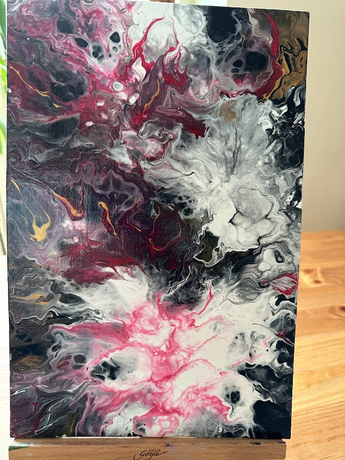 Roses.An Abstraction. Canvas. Acrylic painting. Fluid art. Black, white, dark red and rose colors. Vanished. 20 x 30 sm