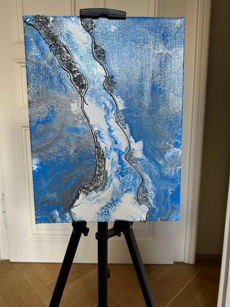 The Sea. Acrylic painting. Fluid art. Canvas. Decorative glass. Vanished. Blue, white, grey, silver colors. 30sm x 40sm