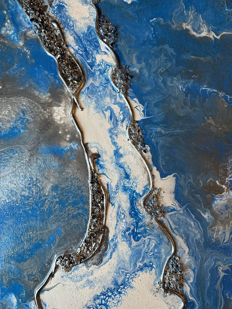 The Sea. Acrylic painting. Fluid art. Canvas. Decorative glass. Vanished. Blue, white, grey, silver colors. 30sm x 40sm