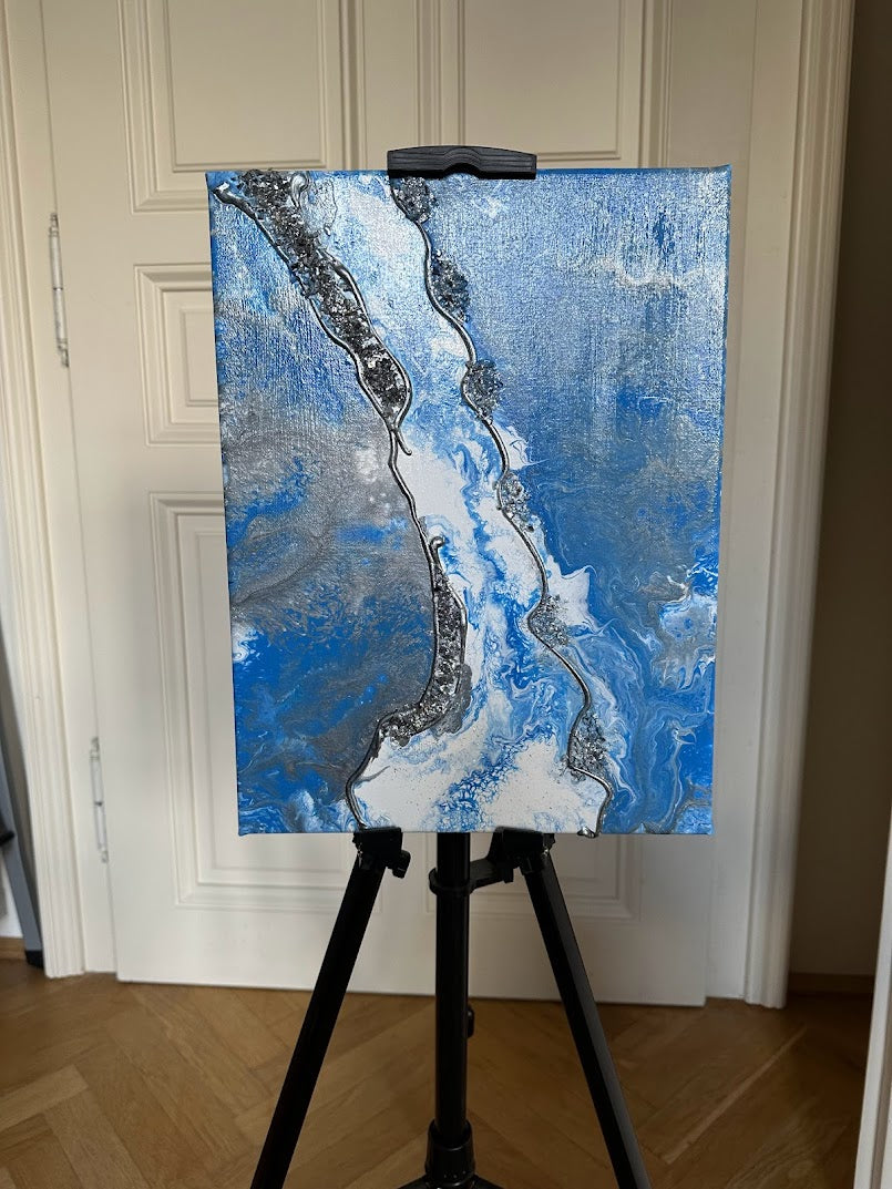 The Sea. Acrylic painting. Fluid art. Canvas. Decorative glass. Vanished. Blue, white, grey, silver colors. 30sm x 40sm