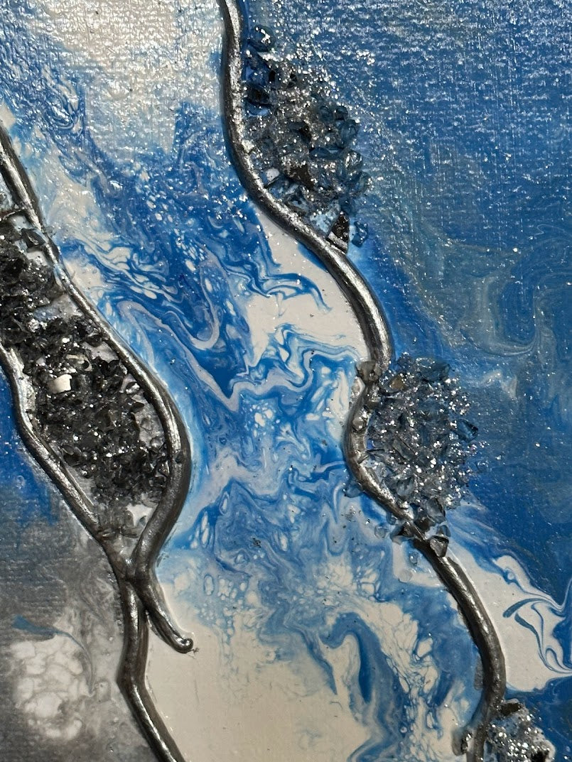 The Sea. Acrylic painting. Fluid art. Canvas. Decorative glass. Vanished. Blue, white, grey, silver colors. 30sm x 40sm