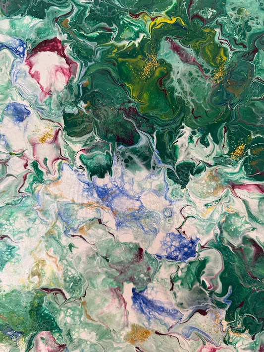 Summer Passion. Abstract flowers. Acrylic painting. Fluid art. Variety of green color together with blue, white, cherry color and a touch of gold decoration. Vanished. 30 x 40 sm.