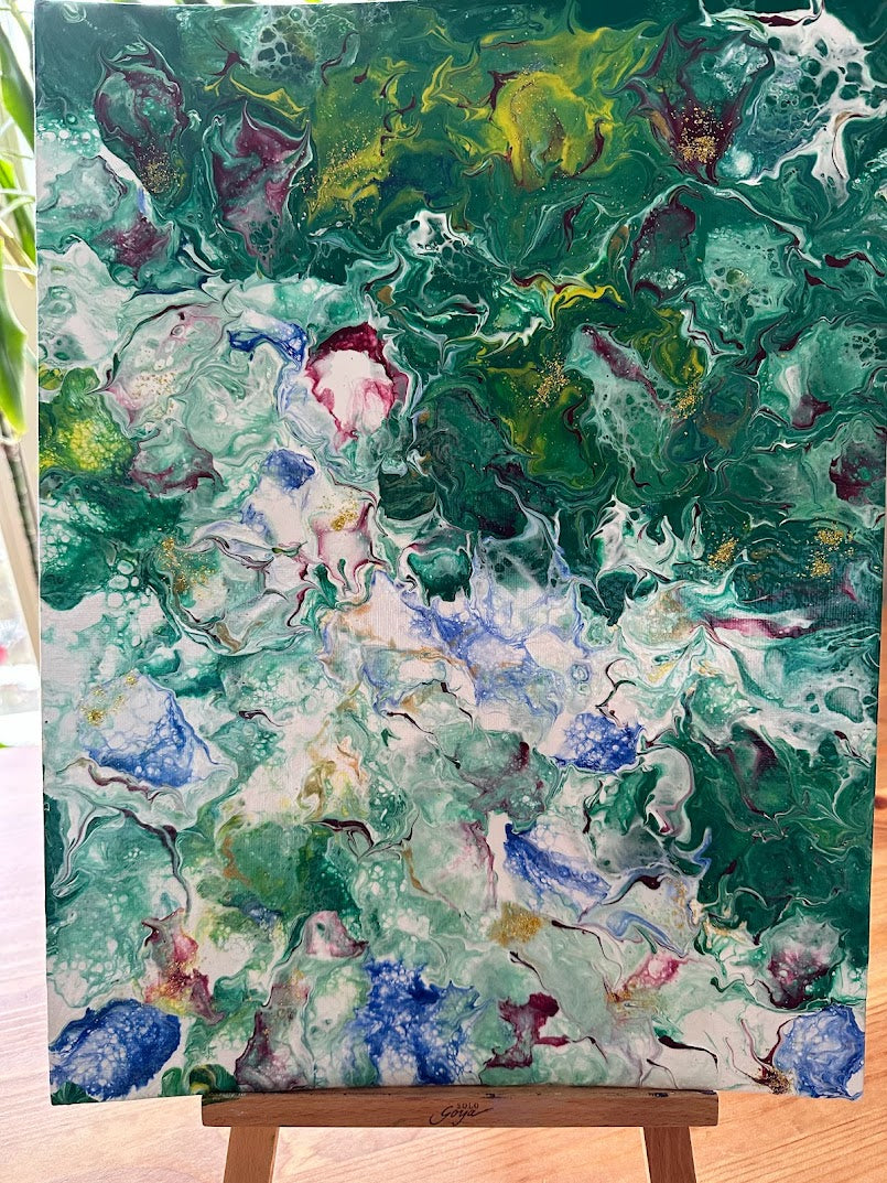 Summer Passion. Abstract flowers. Acrylic painting. Fluid art. Variety of green color together with blue, white, cherry color and a touch of gold decoration. Vanished. 30 x 40 sm.