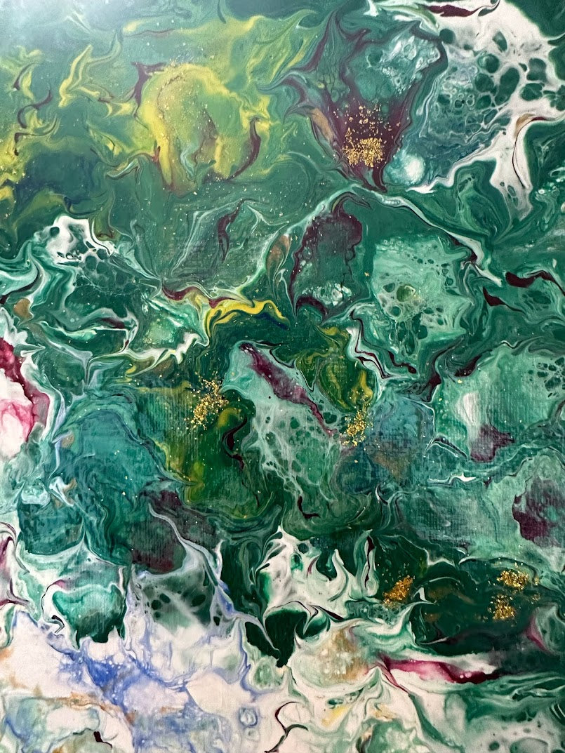 Summer Passion. Abstract flowers. Acrylic painting. Fluid art. Variety of green color together with blue, white, cherry color and a touch of gold decoration. Vanished. 30 x 40 sm.