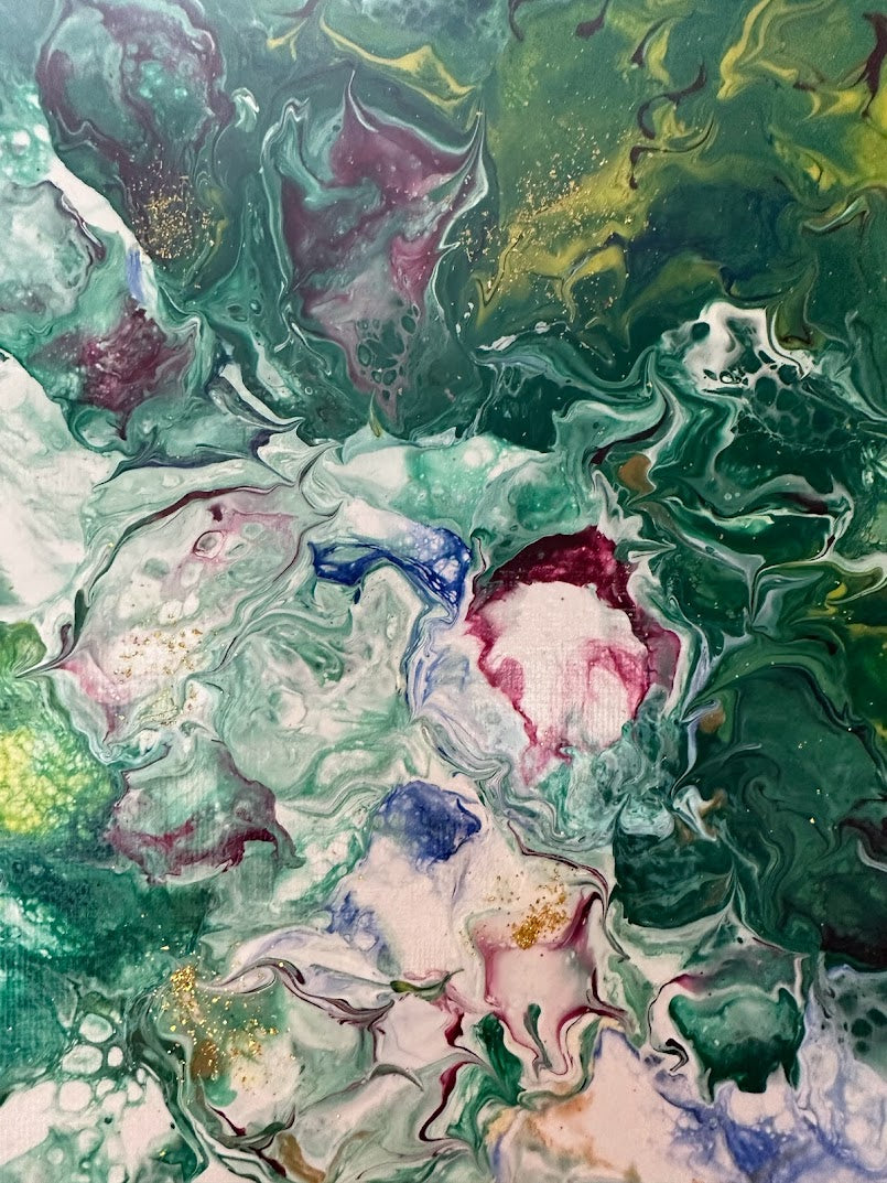 Summer Passion. Abstract flowers. Acrylic painting. Fluid art. Variety of green color together with blue, white, cherry color and a touch of gold decoration. Vanished. 30 x 40 sm.