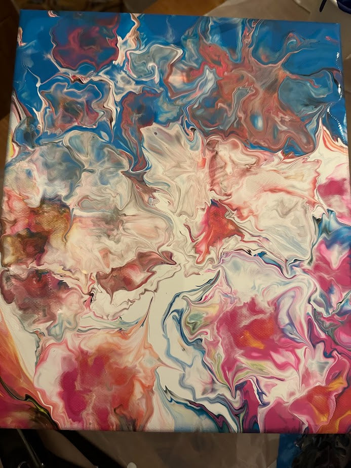 Tender Flowers. Abstraction. Acrylic painting. Fluid art. Canvas. Blue, white, rose, sand colors. Vanished. 30 x 40 sm.