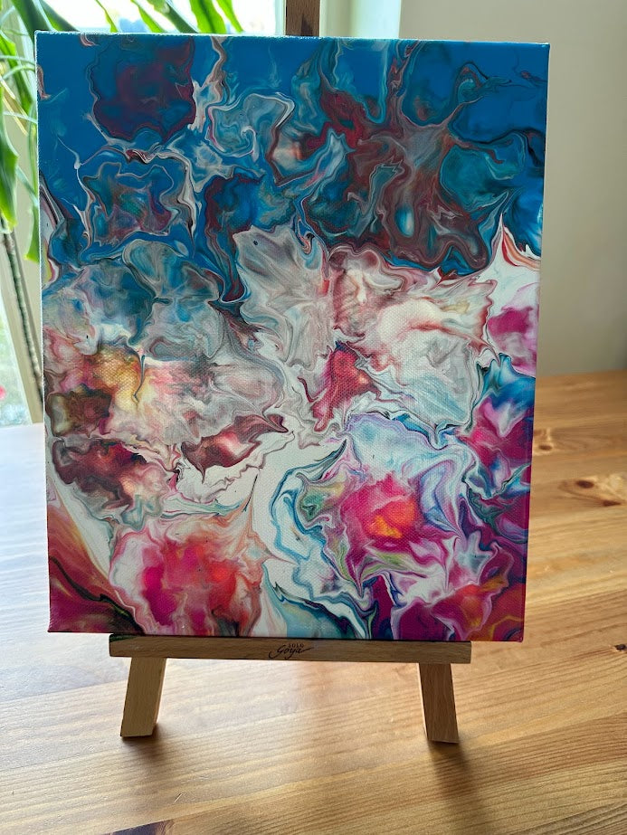 Tender Flowers. Abstraction. Acrylic painting. Fluid art. Canvas. Blue, white, rose, sand colors. Vanished. 30 x 40 sm.